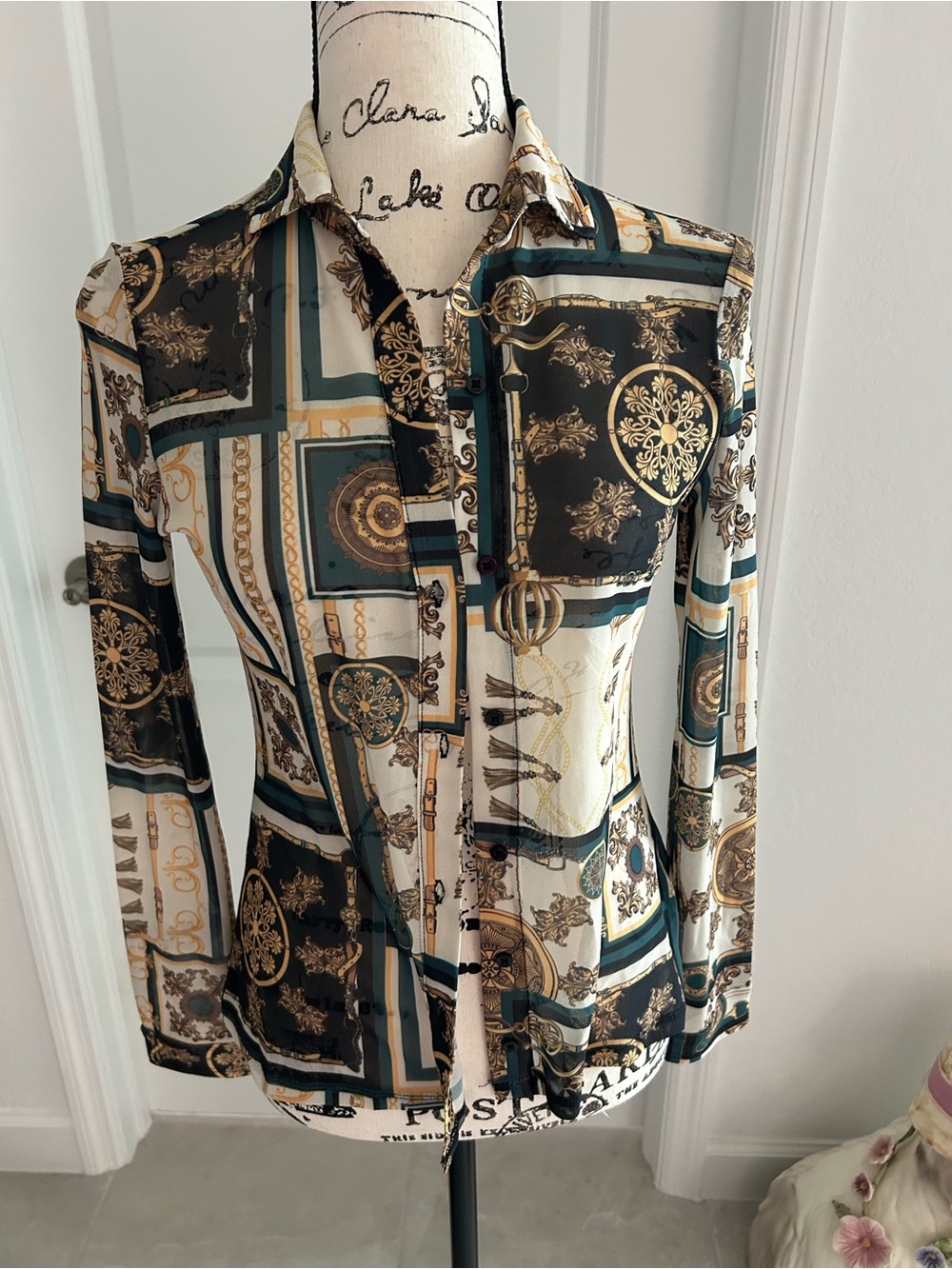 Guess Women's Printed Button-Up Blouse in Black, Cream & Teal